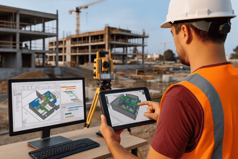 Construction worker using BIM and field technology with a tablet and desktop computer to visualize and manage 3D building data on an active jobsite.