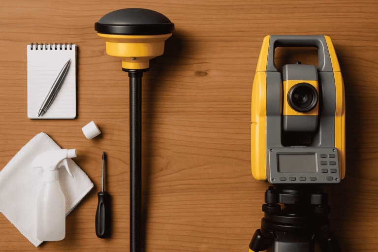 Survey equipment maintenance tools including a GNSS receiver, total station, cleaning spray, cloth, and notepad neatly arranged on a wooden work surface.