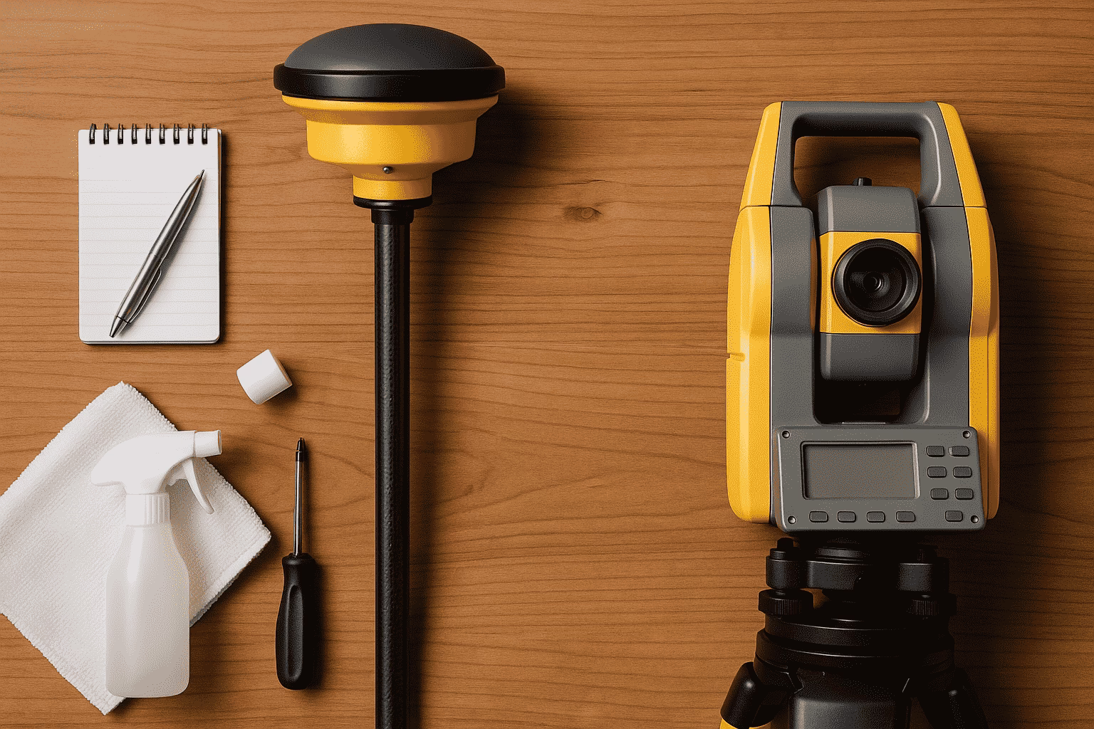 Survey equipment maintenance tools including a GNSS receiver, total station, cleaning spray, cloth, and notepad neatly arranged on a wooden work surface.