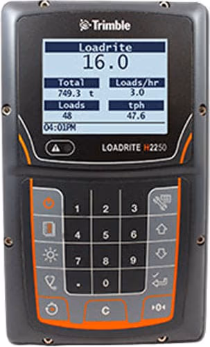 Trimble Loadrite onboard display system used in loadrite retrofits to monitor payload data, loads per hour and productivity in real time.